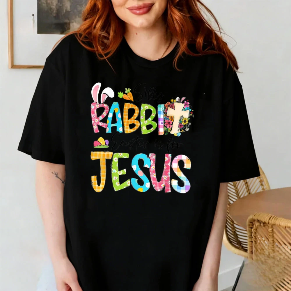 Women's Silly Rabbit Easter Is for Jesus Cotton T-Shirt Colorful Patchwork Bunny & Cross Graphic Tee for  Easter Celebrations