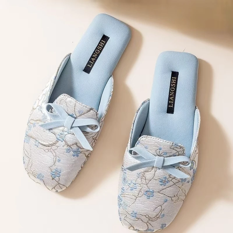 المرأة الحرير طباعة باوتو النعال المنزل المطاط وحيد أربعة مواسم عدم الانزلاق تنفس عالية الجودة العرقية نمط الطابق النعال #6