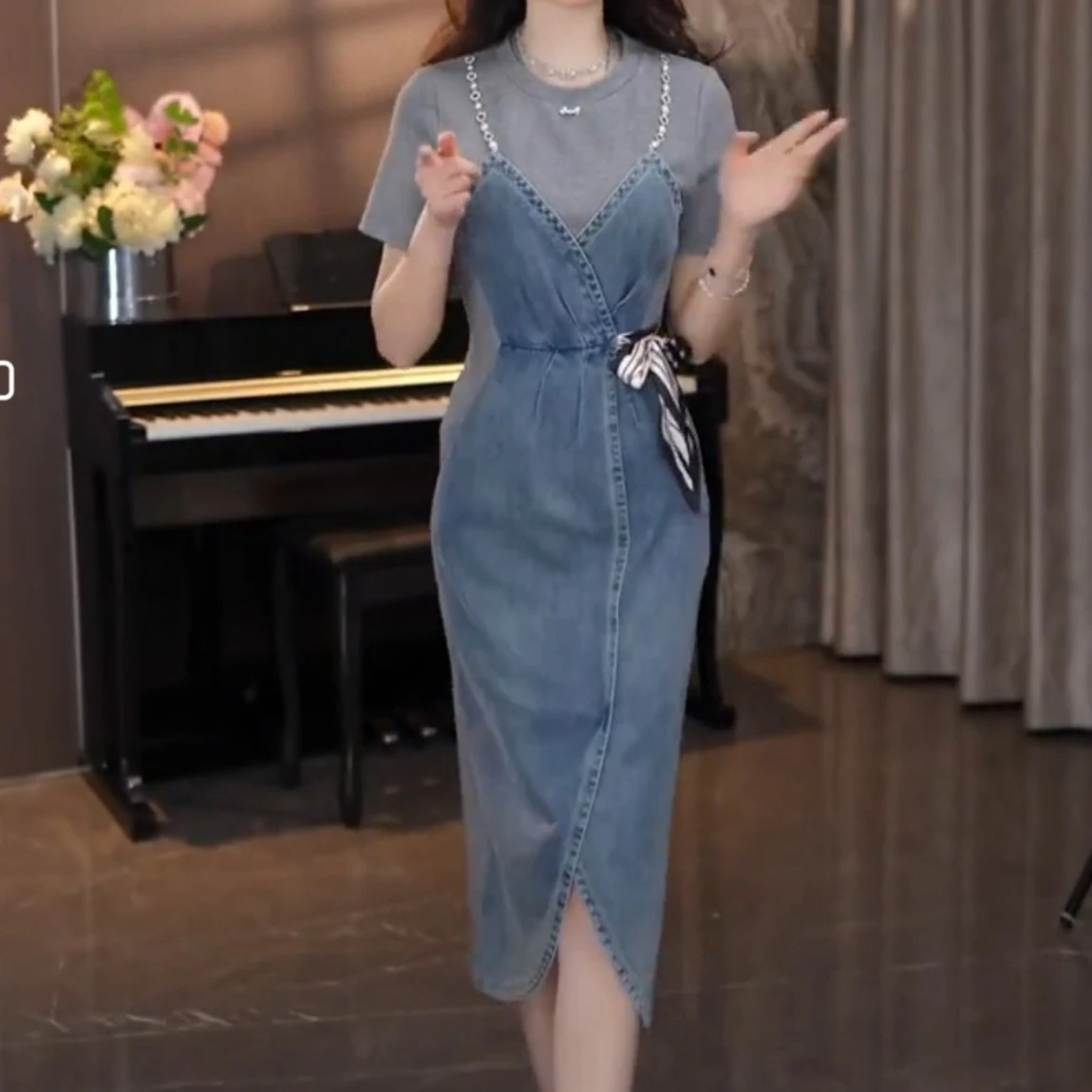 

Women Long Dress Denim Dresses Sexy Vestidos Streetwear Round Neck Short Sleeve Elegant Splice Y2k High Waist Slim Fit 2025