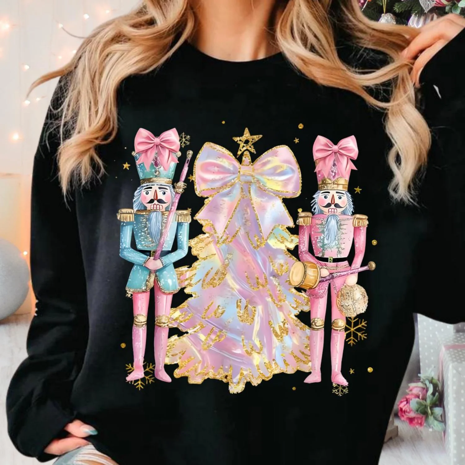 Faux Nutcrackers Christmas Sweatshirt (Just Print Design Not Real Gilter),Pastel Holiday Coquette Shirt,Glitter Nutcracker Xmas