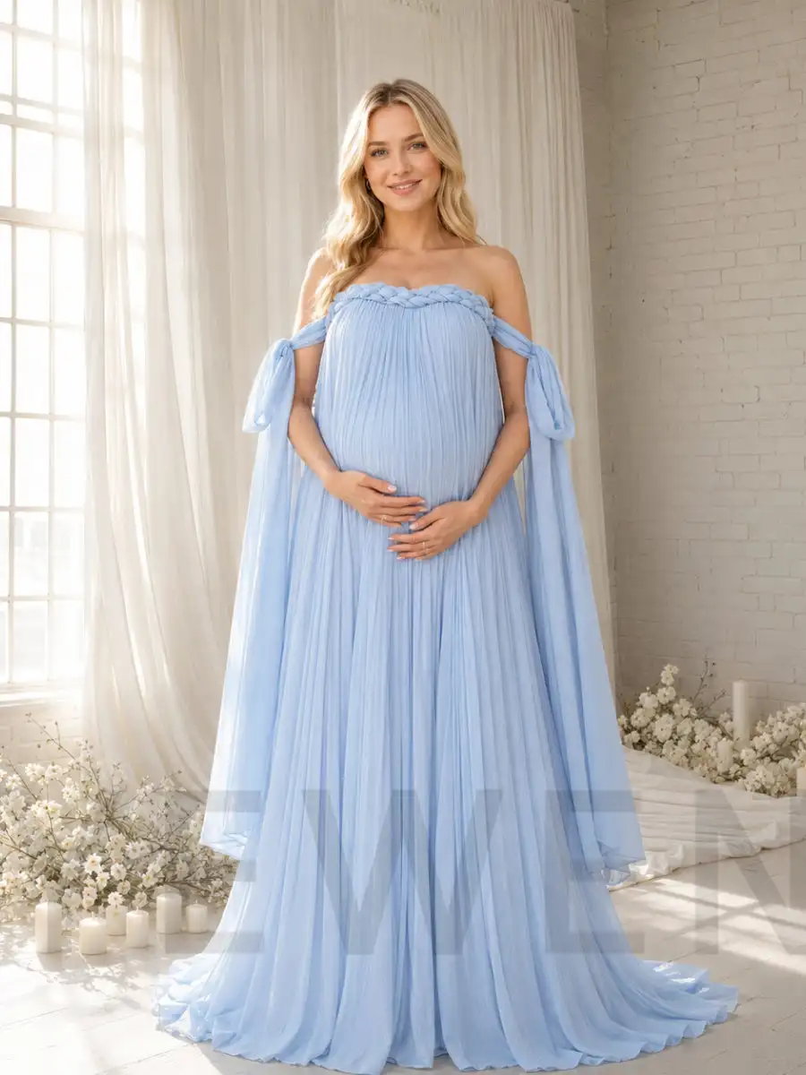 Elegant Light Blue Maternity Dress for Photo Shoot Braided Strapless Pleated Chiffon Pregnancy Photography Gown HY269004