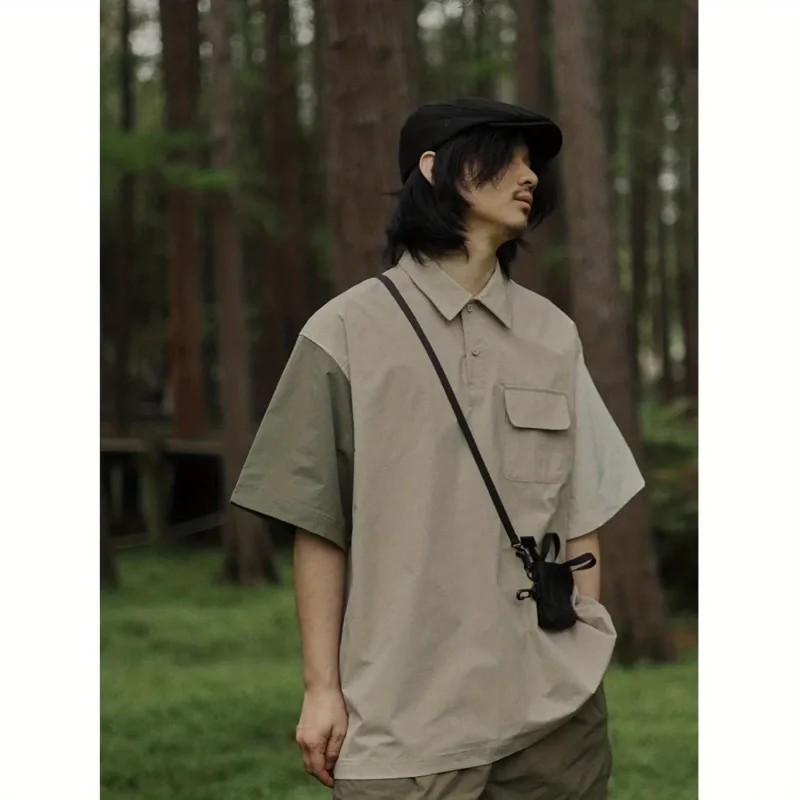 Men's Color Block Polo Shirt Oversized Short Sleeve Chest Pocket Outdoor Casual Top