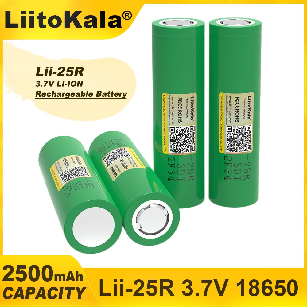 LiitoKala-rechargeable lithium-ion battery for flashlight, power tools, flashlight, headlamp, Lii-25R, 2500mAh, 18650 V