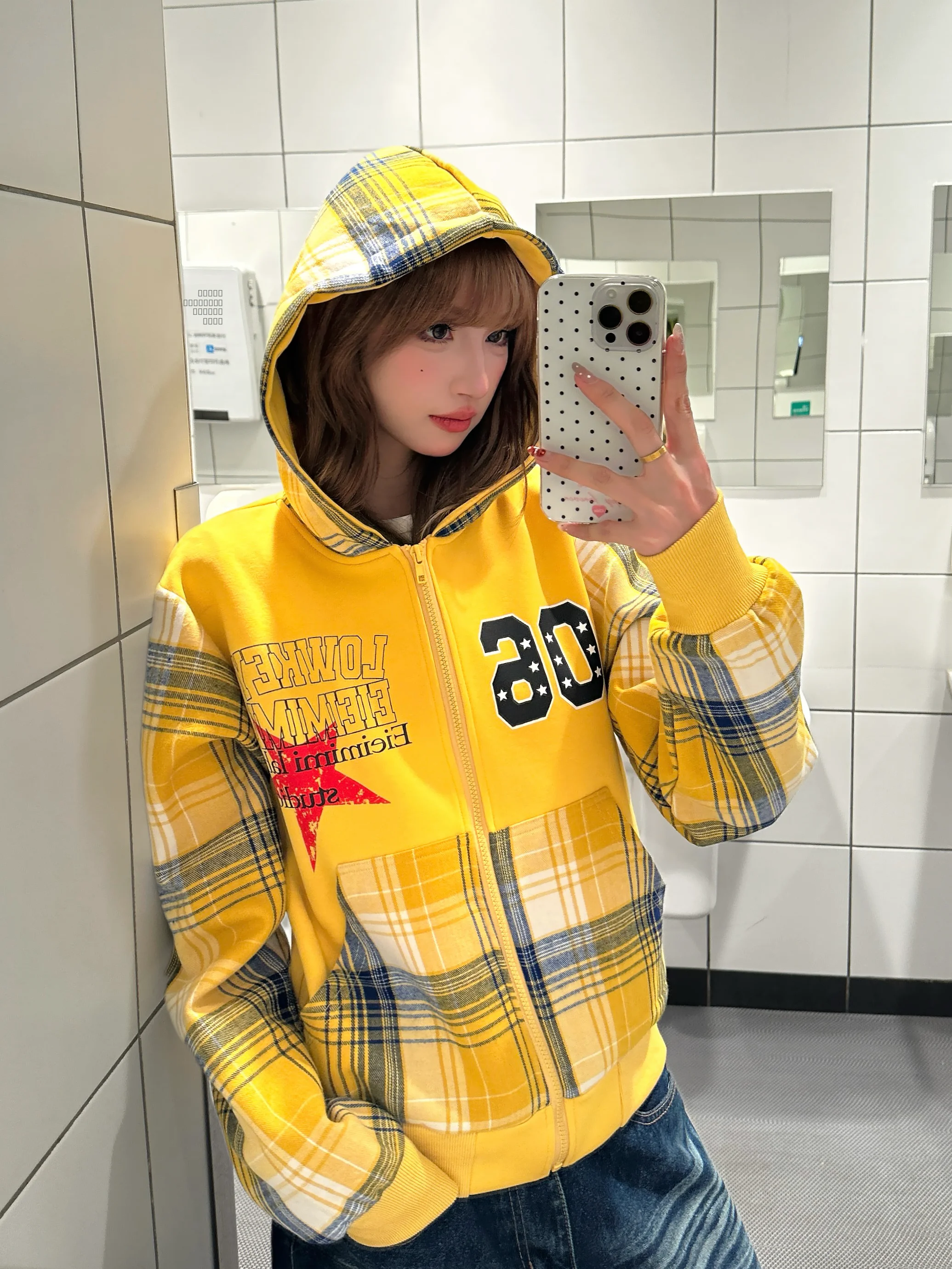 

Женский кардиган-худи BeOurRule в американском ретро-стиле, желтый, в клетку, с комбинированными вставками, свободный крой, весна-осень, повседневная верхняя одежда