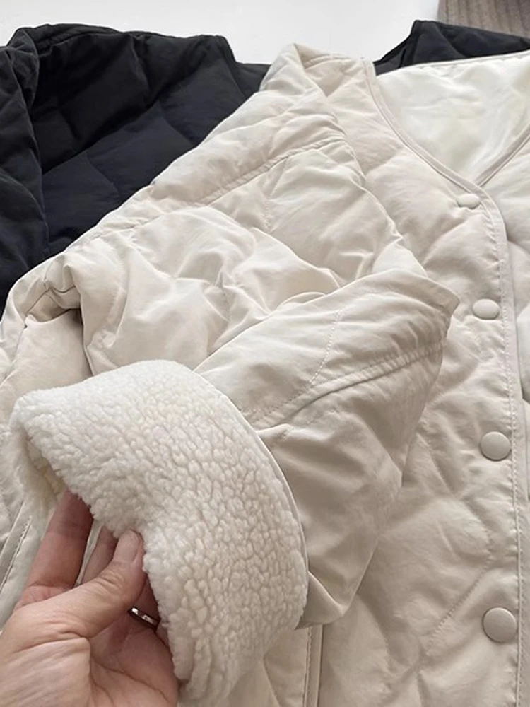 2023 Winter New Plaid Cotton Jacket Coat For Women's Quality Korean Fashion Loose Small Fragrant O-Neck Warm Solid color Mid Top