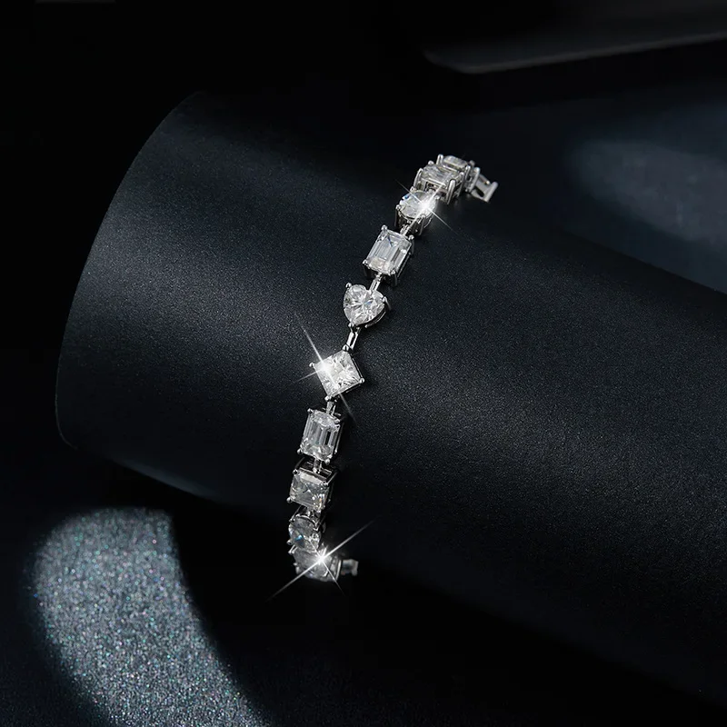 N Irregular 1 Carat Special Shaped Moissanite Princess Square Heart Emerald Cut Oval 925 Silver Bracelet