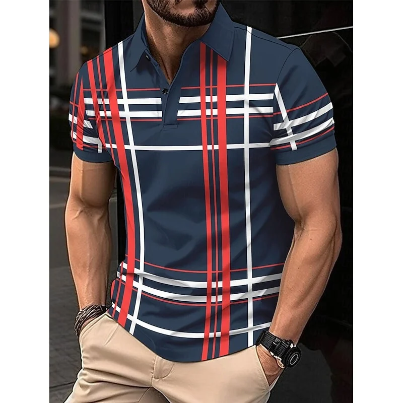 Business Men's Polo Shirt Casual Summer Short Sleeve Top Lines Pattern Printed Buttons Fashionable Golf Shirt