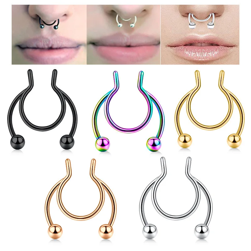 Fake Septum Rings Faux Nose Rings Hoop Stainless Steel Faux Lip Ear No Piercing Clip Septum Nose Rings Fake Piercing Jewelry