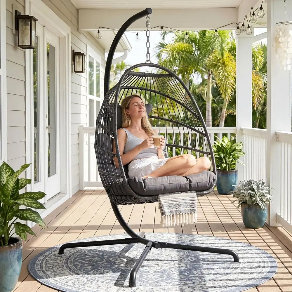 Durable Outdoor Hanging Egg Chair Swing with Cushion, 350 lbs Capacity, Weather-Resistant for Balcony or Deck, Gray