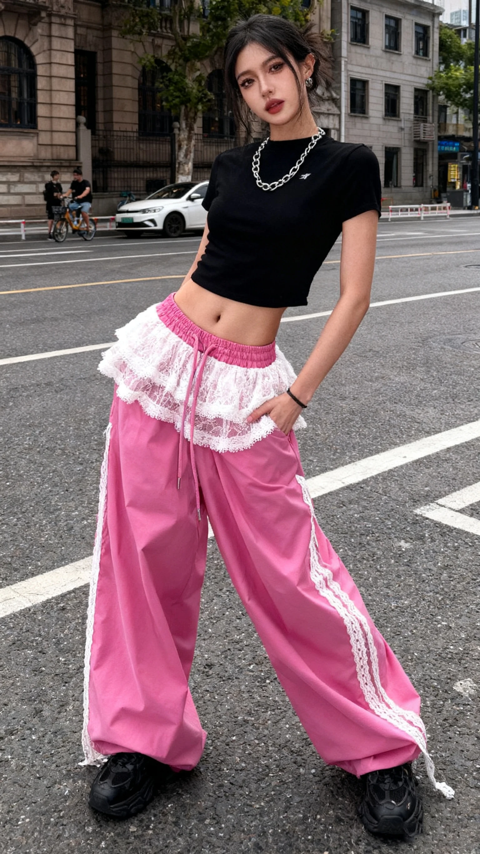 

American retro spicy girl patchwork lace skirt casual pants spring/autumn trend design contrasting color women's wide leg pants