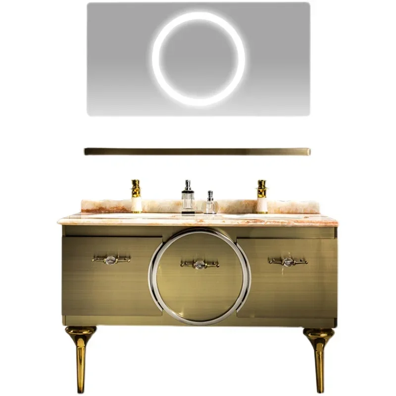 

Custom light luxury stainless steel bathroom cabinet combination villa toilet washbasin smart mirror golden double basin marble