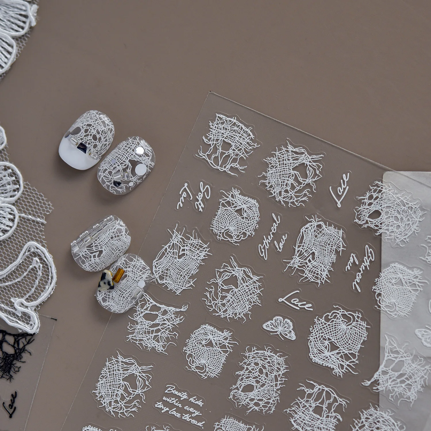 French 5D Nail Art Stickers White Irregular Broken Lace Fragments Hollow Out Mesh Tulle Butterfly Self‑Adhesive Nail Decals