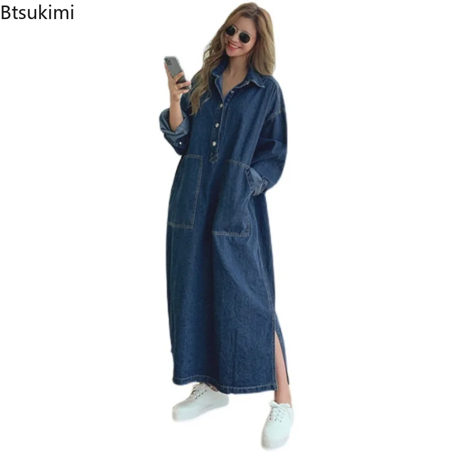 New 2026 Women Denim Dress Turn-down Collar A Line Vestidos Y2k Streetwear Casual Loose Spring Autumn Women's Jeans Maxi Dresses - view 6