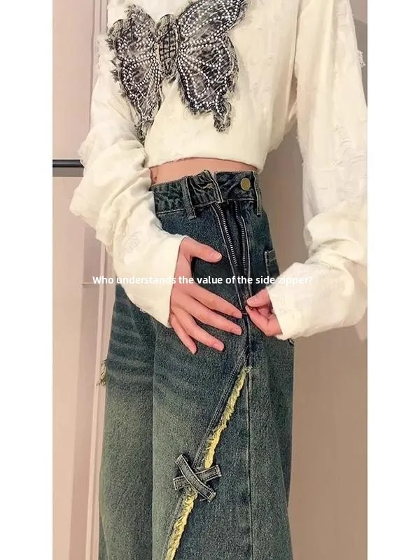 

American Retro Side Zipper Denim Pants Women's Spring Autumn plus Size Embroidery Lace Wide Leg Trousers