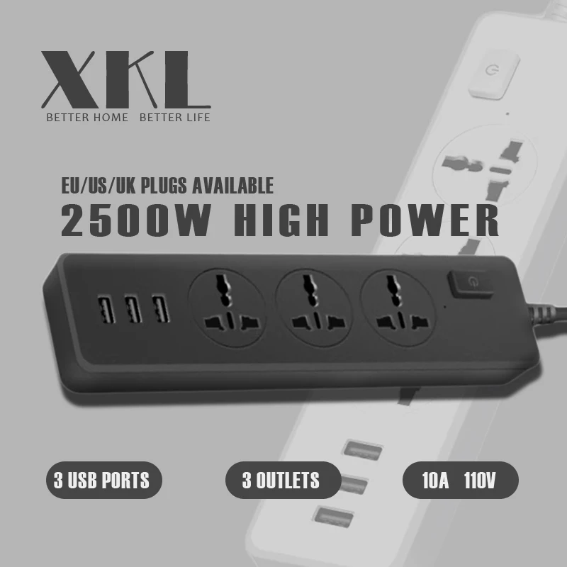 

XKL Power Strip Universal socket US UK EU plug Electrical sockets 2500W 10A Fast charging USB A 2M Traveling Extension Sockets