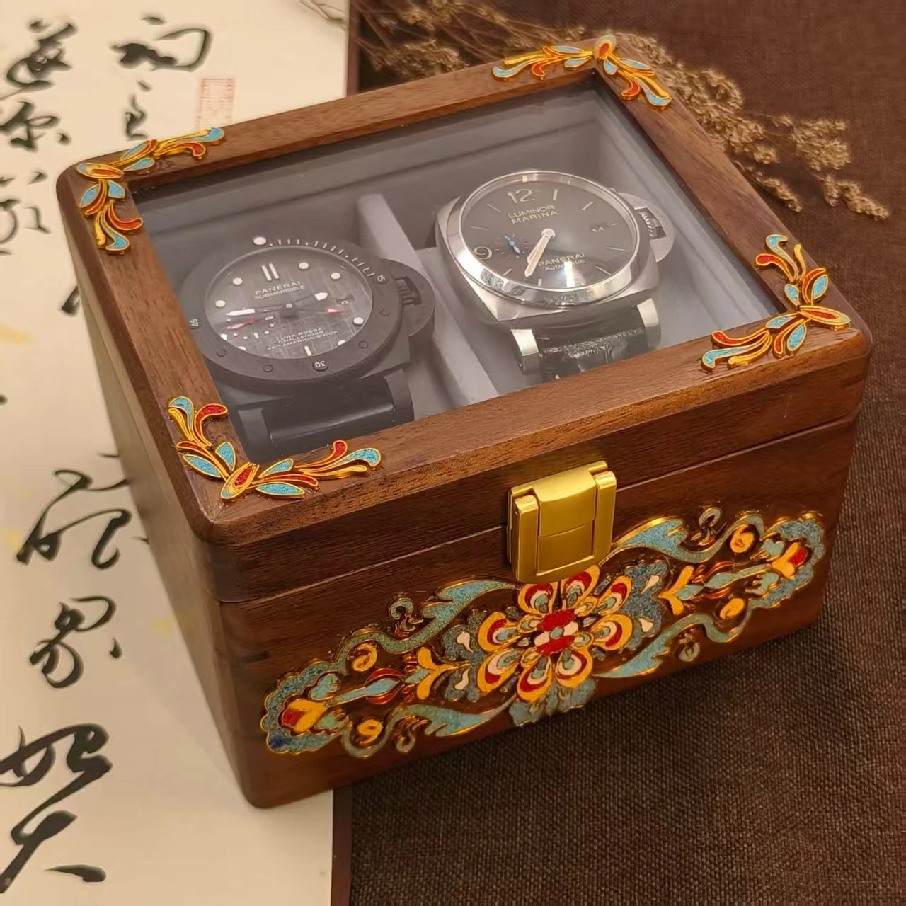 Luxury Handmade Cloisonne Walnut Wood Watch Box - 2-Watch Display & Storage Case