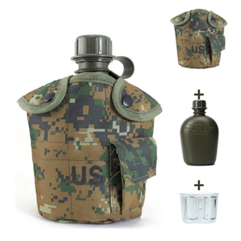 Outdoor Camouflage Water Bottle Water Canteen Kettle with Pouch Cup Set for Camping Hiking Backpacking Water Cup 1L