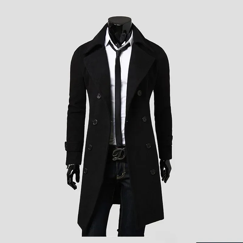 Trench coat masculino duplo breasted mistura de lã 2023 outono inverno sólido casual fino ajuste jaqueta longa casaco de lã moda roupas masculinas