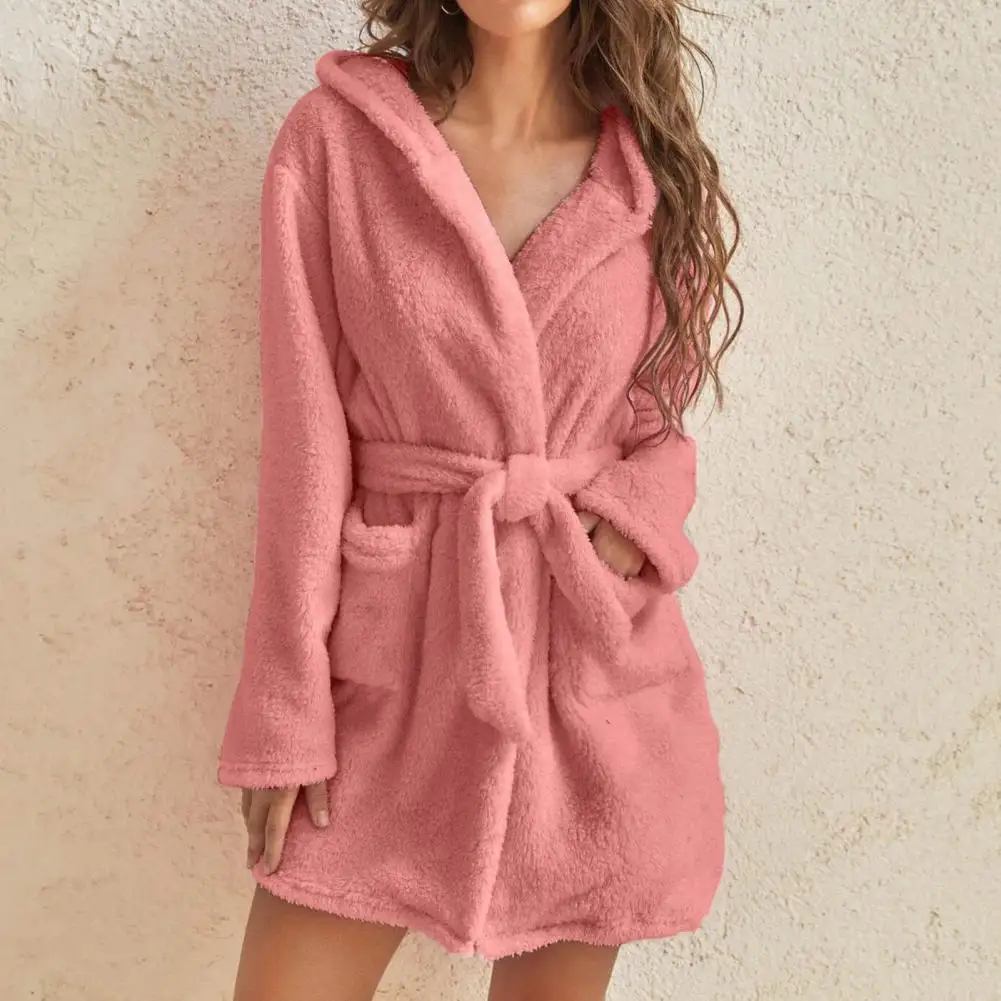 Women Solid Hooded Robe Coral Velvet Bathrobe Cute Warm Robe Flannel Kimono Bath Robe Dressing Gowns Sleepwear