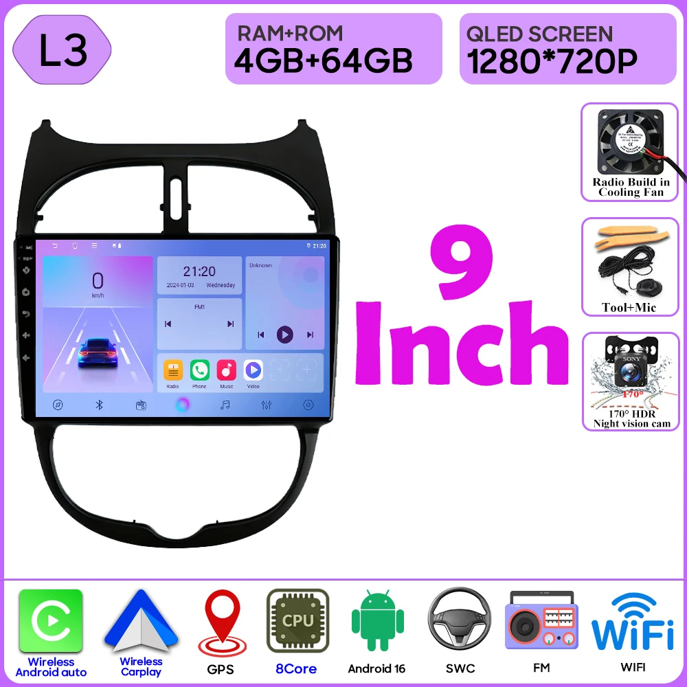 Android 16 autoradio voor Peugeot 206 206CC 1998-2012 autoradio Bluetooth 4G Wifi GPS navigatiescherm draadloze Carplay monitor