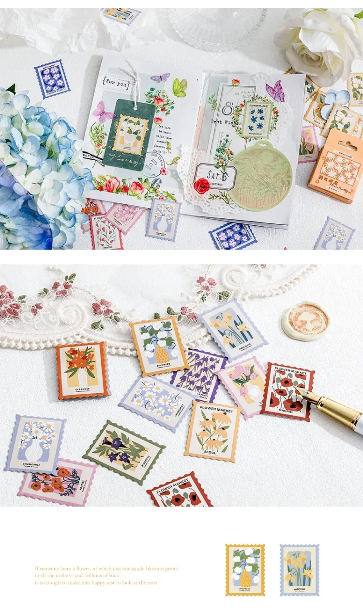 45 Pcs/pack Stamp Style Flowers Stickers Set For Journal Planner Diy Crafts Scrapbooking Embelishment Diary