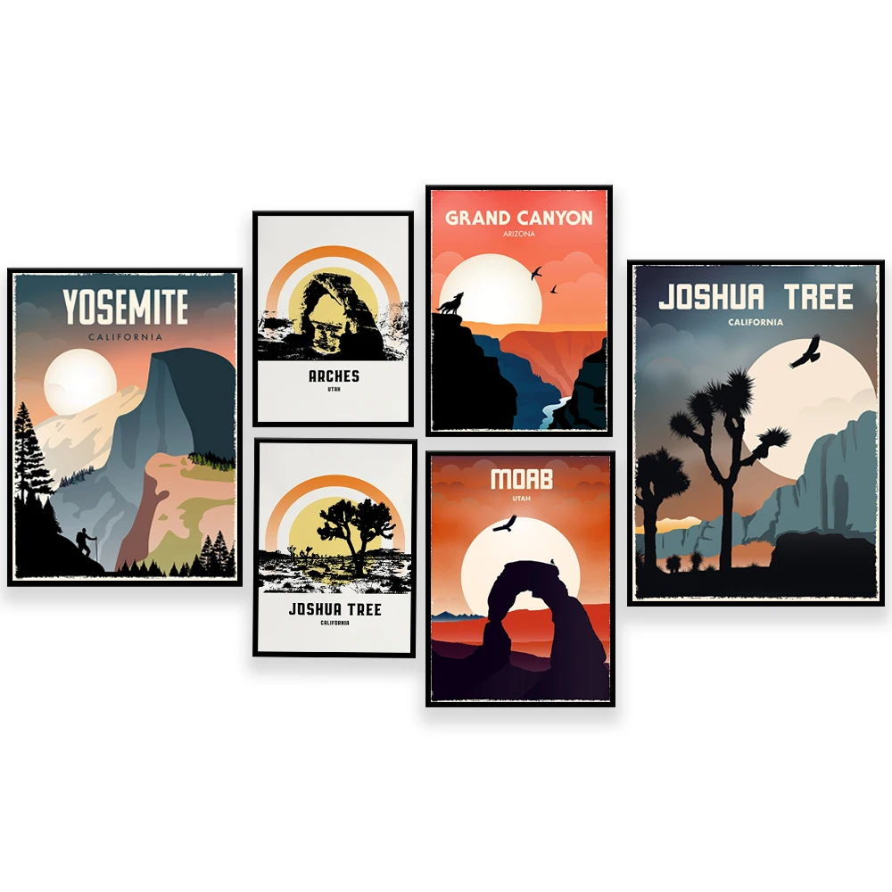 Yosemite California, Moab Utah, Grand Canyon, Joshua Tree California, Arches National Park minimalist travel poster