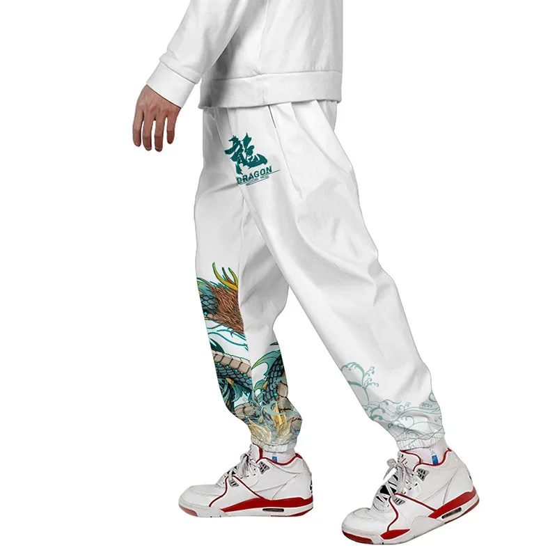 Anime Dragon Print Sweatpants Men Pocket Long Cargo Pant Harajuku Jogger Black White Trousers Streetwear Pants Plus Size 4XL