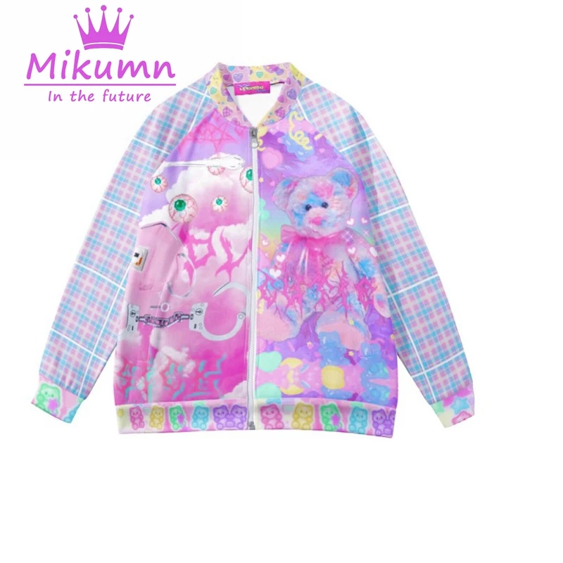 Mikumn Harajuku Y2k Baseball Jacket Women\'s Autumn Loose Japanese Kawaii Cute Cartoon Printed Casual Coat Sportswear Streetwear