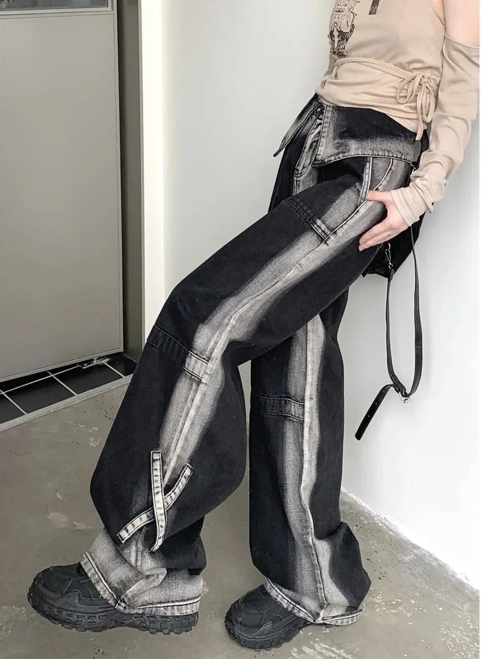 American Retro Gradient Jeans Female Spring Autumn New Niche High Waist Flanging Design Drape Loose Straight Wide-Leg Pants