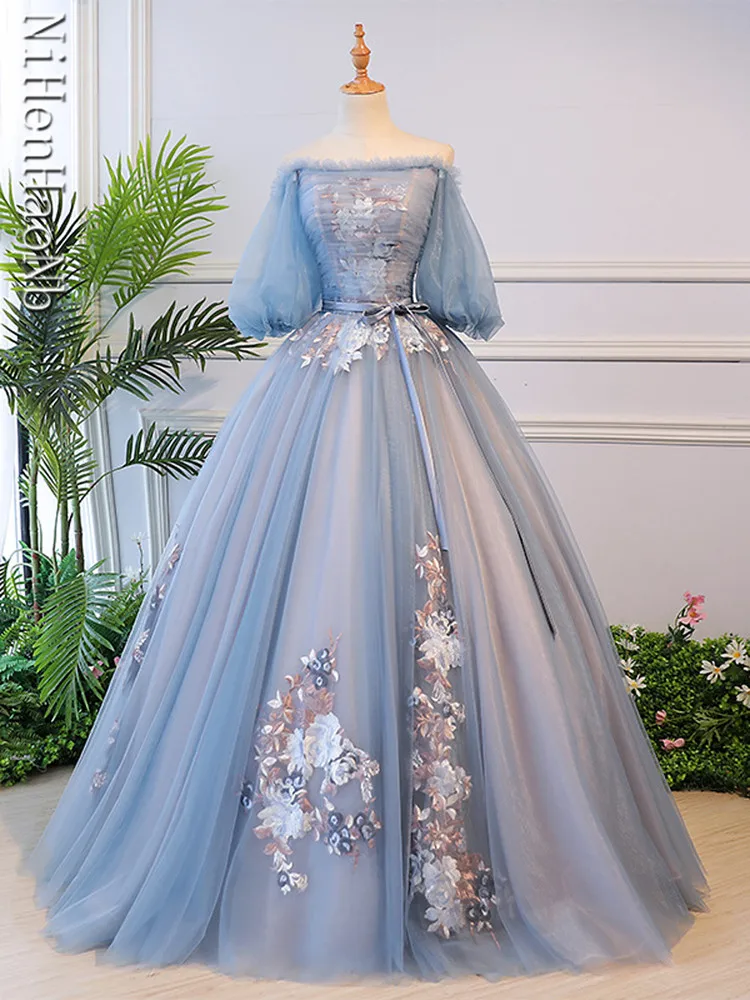 Vestidos De quinceañera, elegantes vestidos De novia De manga farol azul, talla grande, largo hasta el suelo