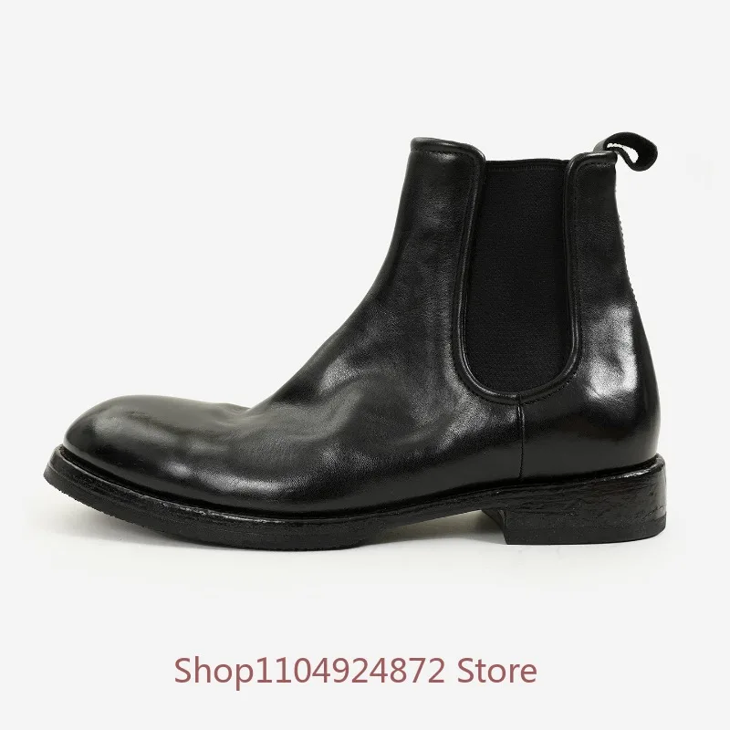 Men Vintage Wrinkled Genuine Leather Chelsea Boots Elastic Side Slip‑On Round Toe Black Ankle Boots Male Cowhide Chelsea Boots