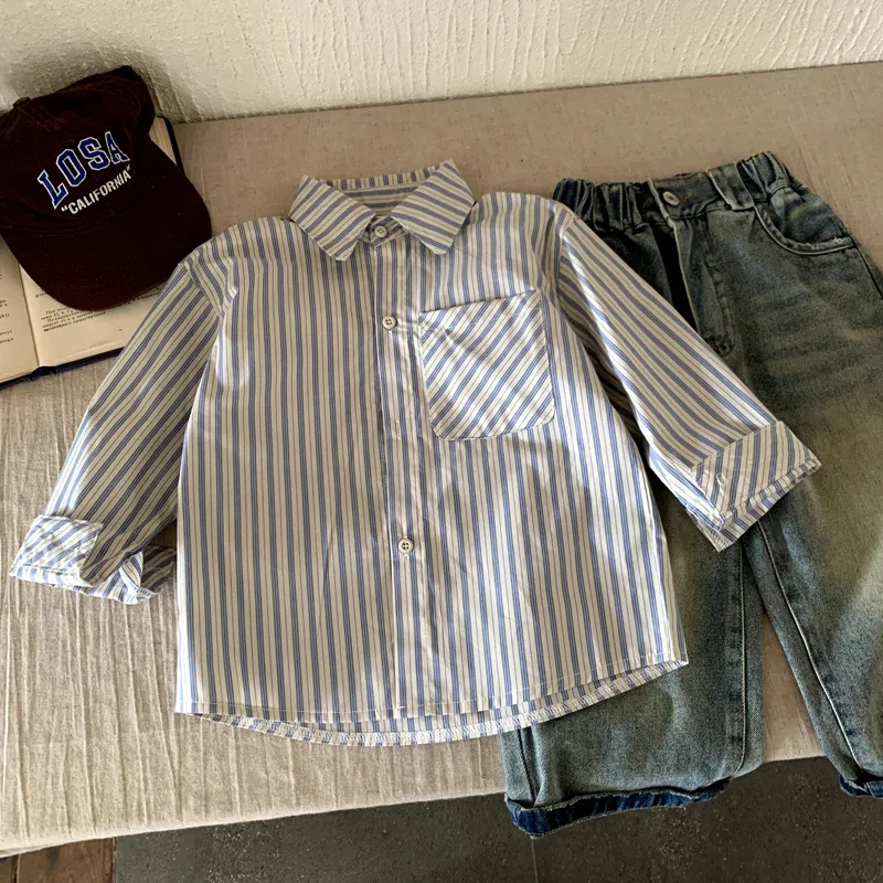Childrens Shirt Spring Autumn Casual Vertical Striped Long Sleeve Shirt Western Style Versatile and Stylish Daily Casual Style