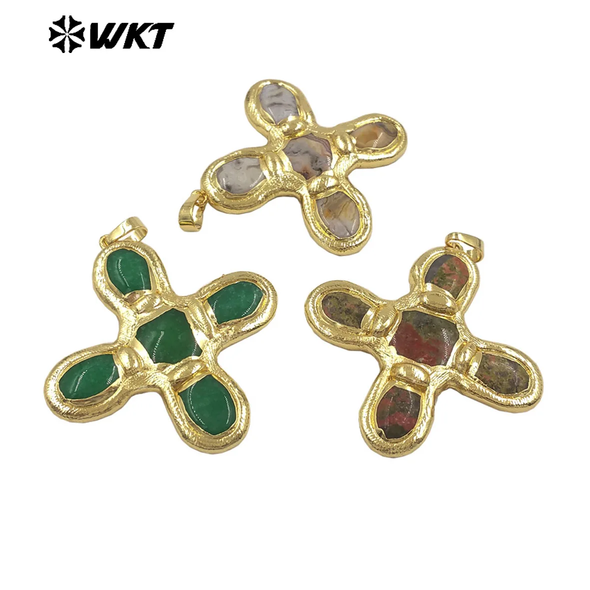 

WT-P2034 Цветной зеленый нефрит Черныйobsidian Драгоценный камень Текстура Лидер продаж в форме креста 18-каратного позолоченного кулона для рукоделия