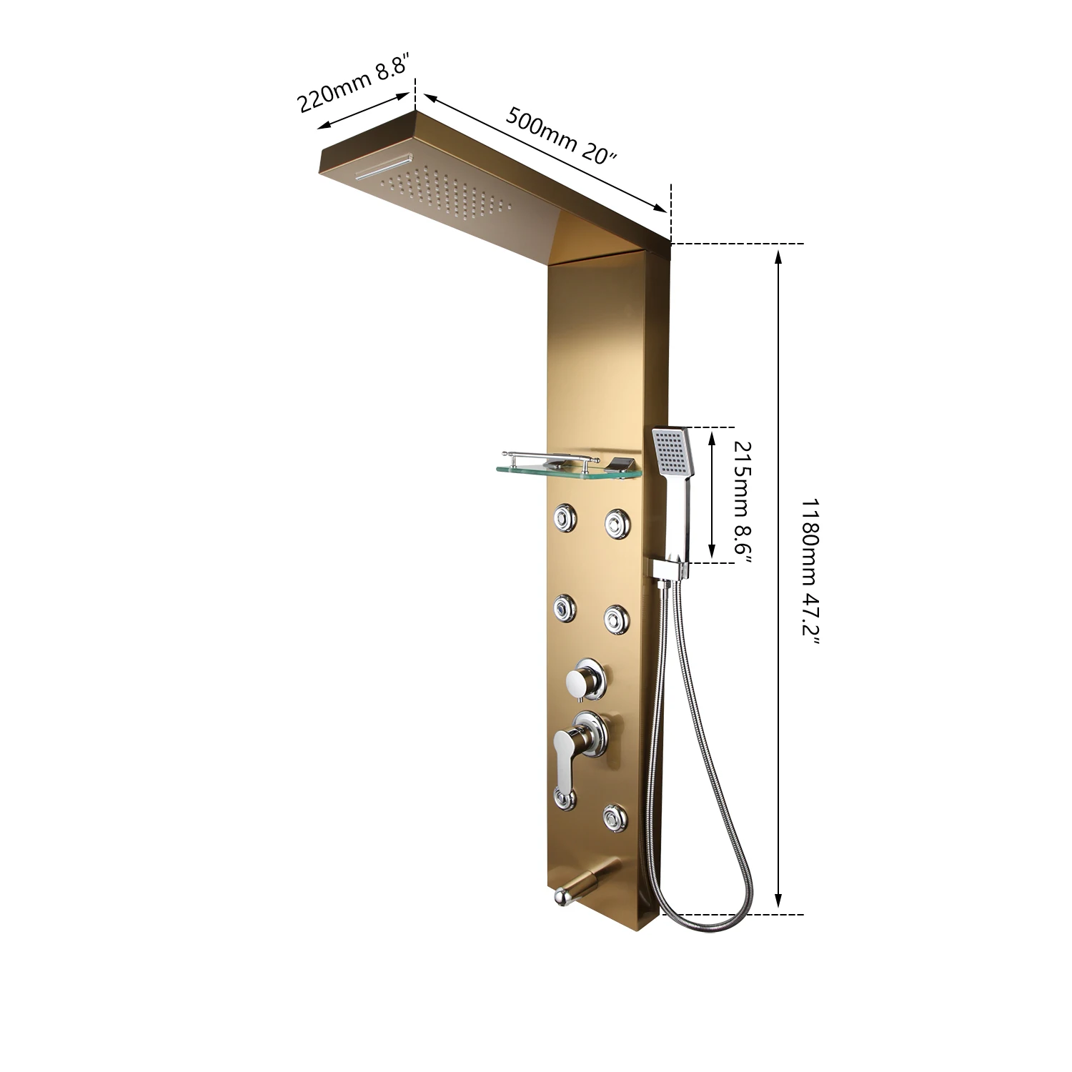 KEMAIDI Bathroom Shower Column Golden Plated Wall Mounted w/ Shelf Hand shower Tub Spout Massage System Shower Panel