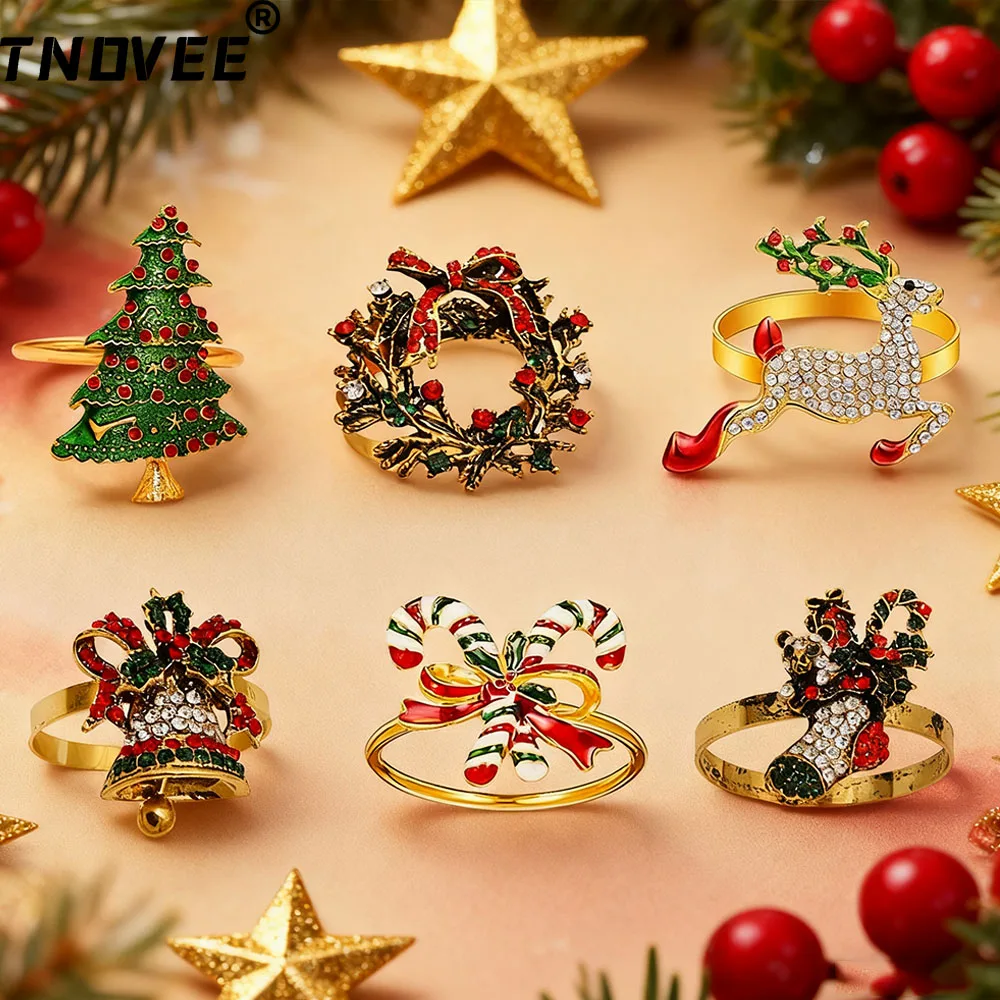 

6/12Pcs Christmas Napkin Rings Crystal Xmas Tree Candy Cane Bell Socks Wreath Elk Napkin Holder for Wedding Party Table Decor