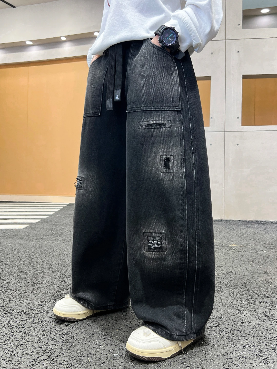 レトロボーイズジーンズ春秋ワイドレッグロングパンツクールストリートスタイル子供服ストレートカットルーズフィットズボン