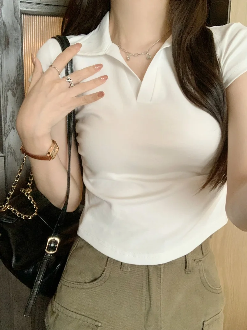 Y2k goth kawaii k-moda polo camiseta feminina magro manga curta sexy colheita topo plissado com decote em v 90s camiseta roupas femininas