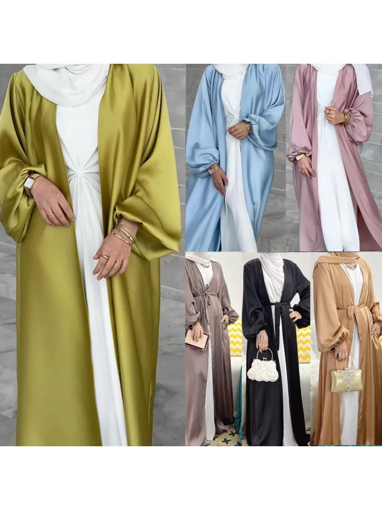 One Piece Ramadan Robe Longue Satin Abayas Women Kimono Musulmane Kaftan Abaya Dubai Arabic Turkey Islam Pakistan Muslim Dress