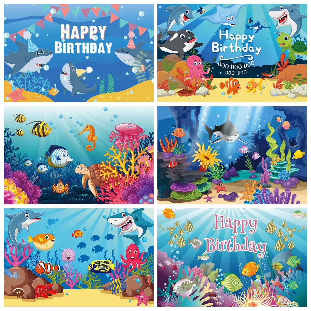 신생아 베이비 샤워 생일 바다 사진 배경 해저 상어 만화 물고기 어린이 생일 파티 장식 배경 사진존
