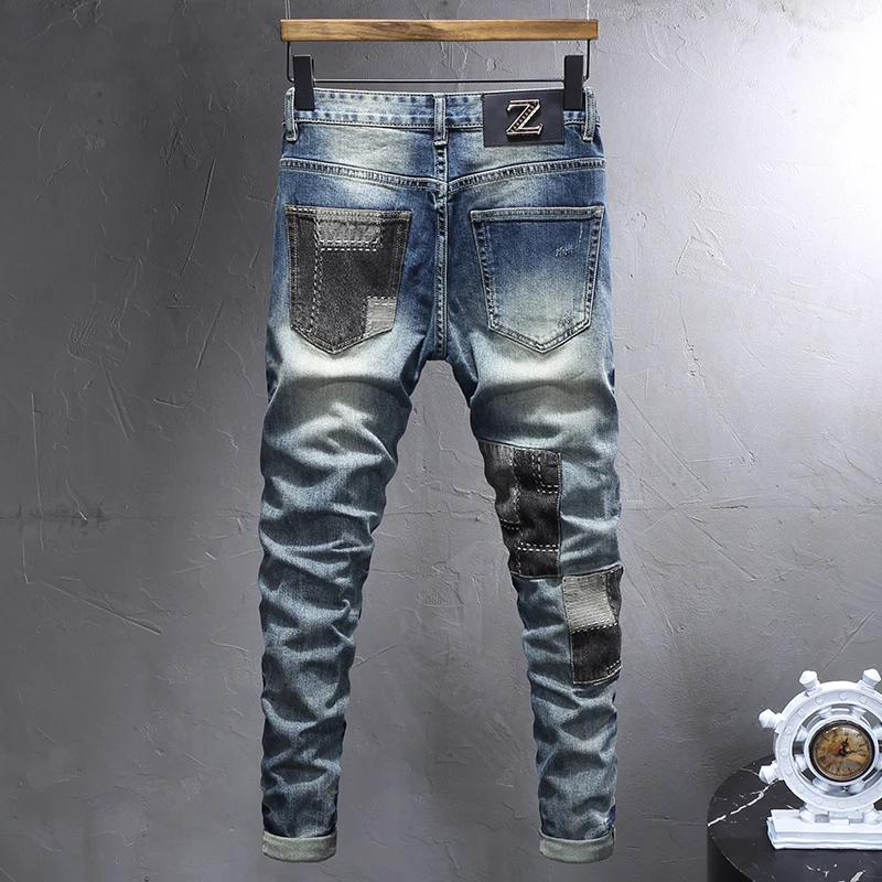 High Street Fashion Men Jeans Retro Washed Blue Stretch Slim Fit Patched Designer Ripped Jeans Men Hip Hop Vintage Denim Pants