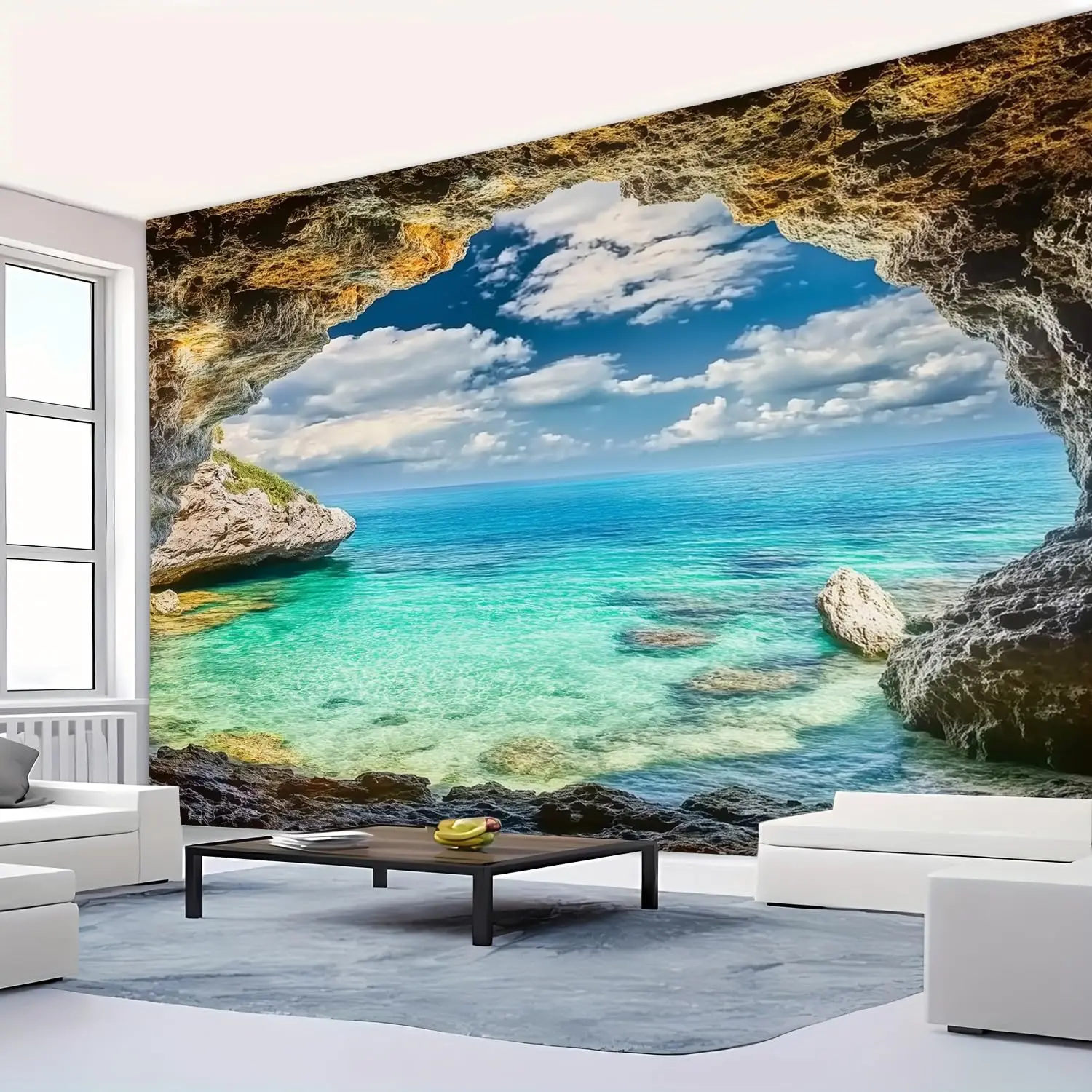 Tapestry Nature Scenery Forest Green Tree Stone Rainforest River Jungle Wall Hanging Art Landscape Scene Through Wooden Windows