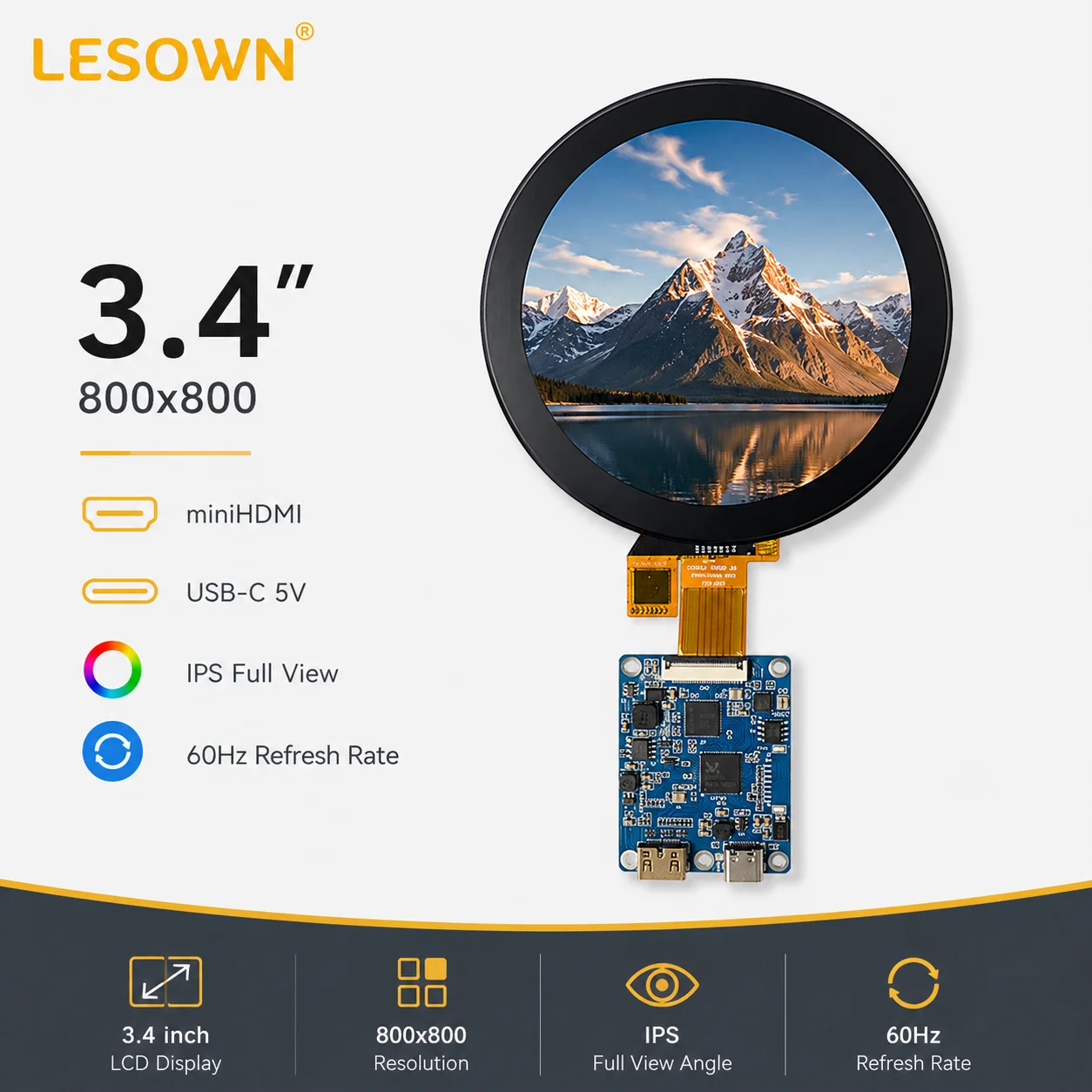 LESOWN 3.4" 800x800 Touch Display Module 1:1 Aspect Ratio miniHDTV Board Zero Setup Panel for Custom Dashboard
