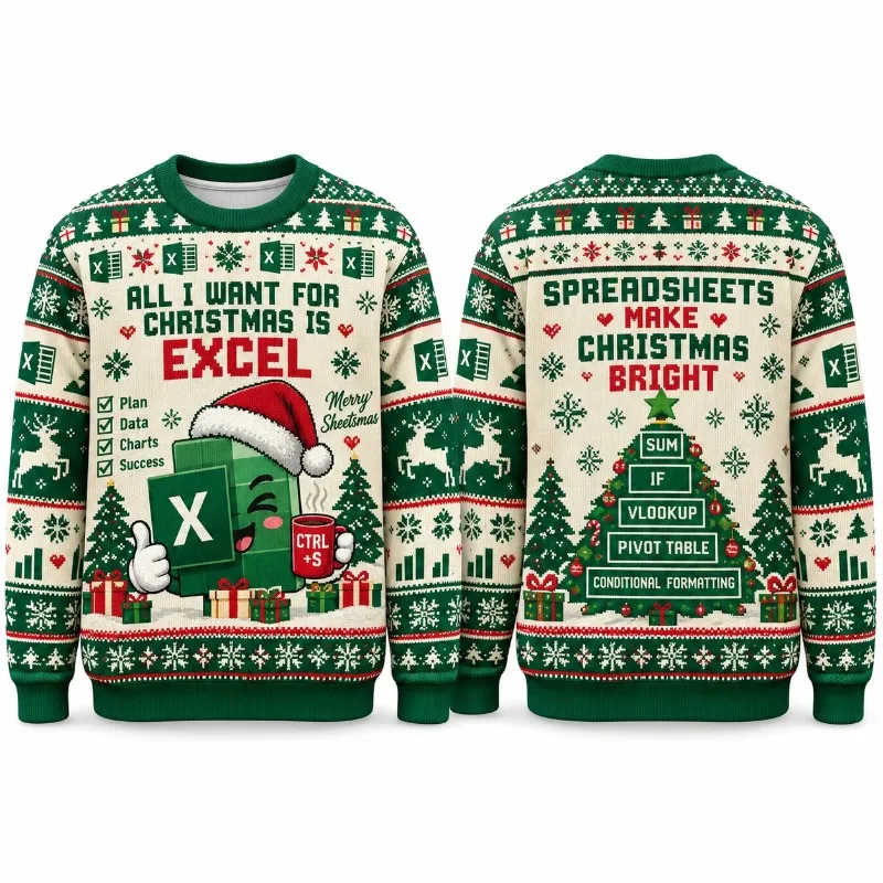 Spreadsheet Santa 3D Print Ugly Christmas Sweatshirt Funny Excel Data Lover Graphic Xmas Party Novelty Pullover for Men Women