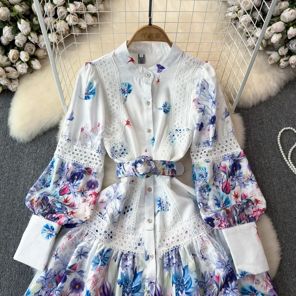 New Spring Summer Women Singel Breasted Mini Dress Lantern Long Sleeves Boho Sashes Vintage Fashion Lady Floral Print Lace Robe