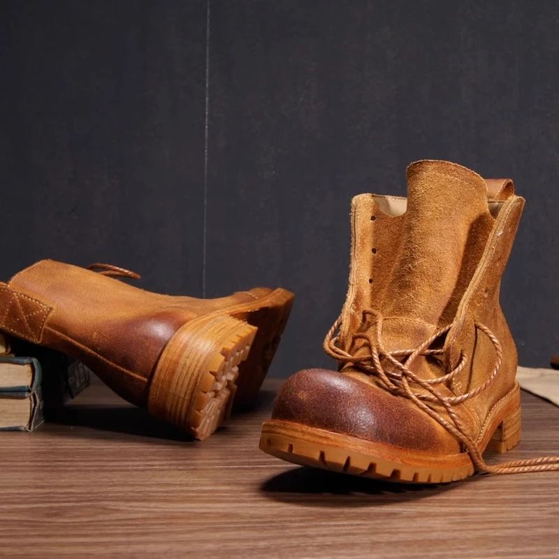 Handmade Retro Ankle Desert Boots Men Cow Leather Outdoor Chelsea Casual Western Motorcycle Boots Male High Top Shoes