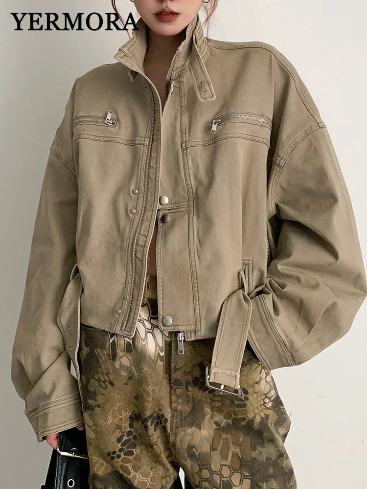 

YERMORA Khaki Zipper Belt Vintage Short Jacket For Women Lapel Long Sleeve Loose New Coat Fashion Tide Spring Autumn 2025