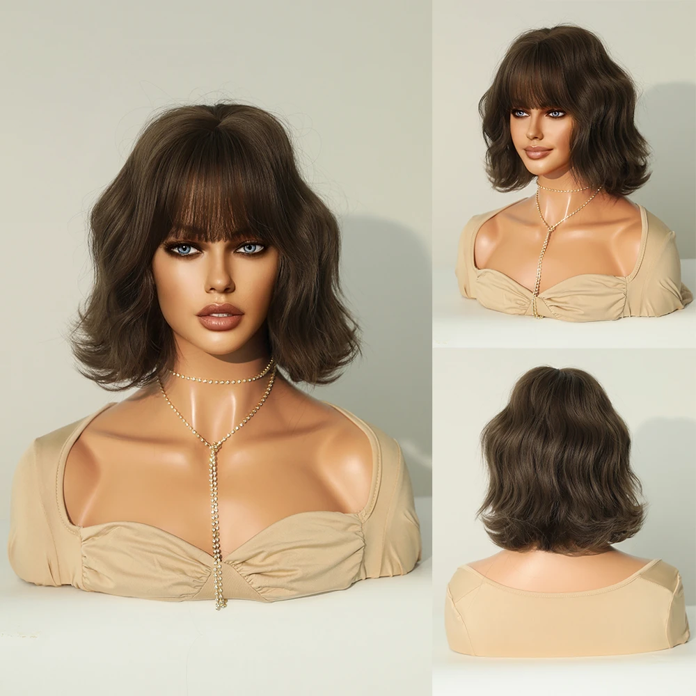 Brown Short Wavy with Bangs Natural French Bobs Synthetic Women Curly Wig Daily Use Heat Resistant Female Wigs