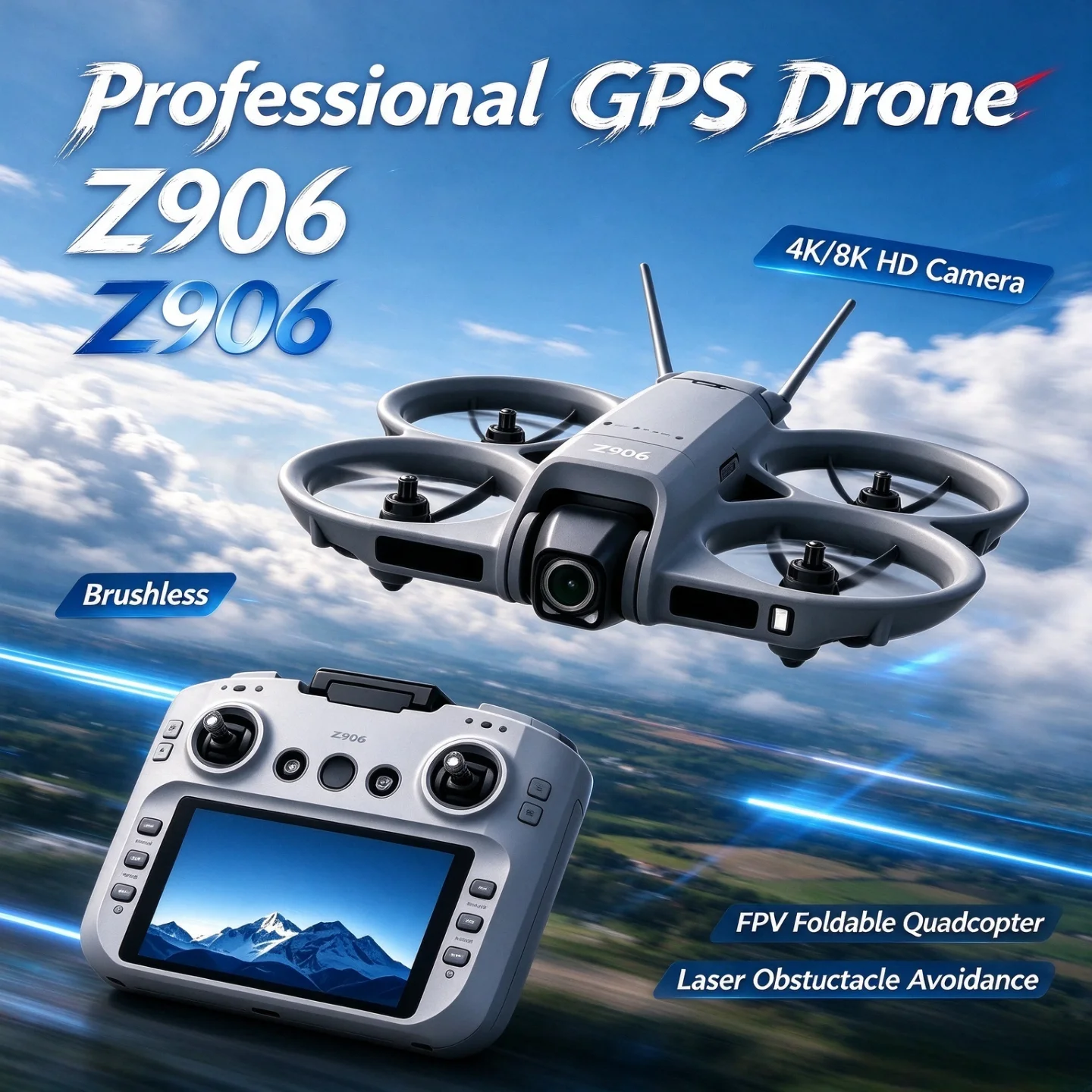 4K/8K HD Camera Z906 Brushless Professional GPS Drone – FPV Foldable Quadcopter with Laser Obstacle Avoidance for Aerial