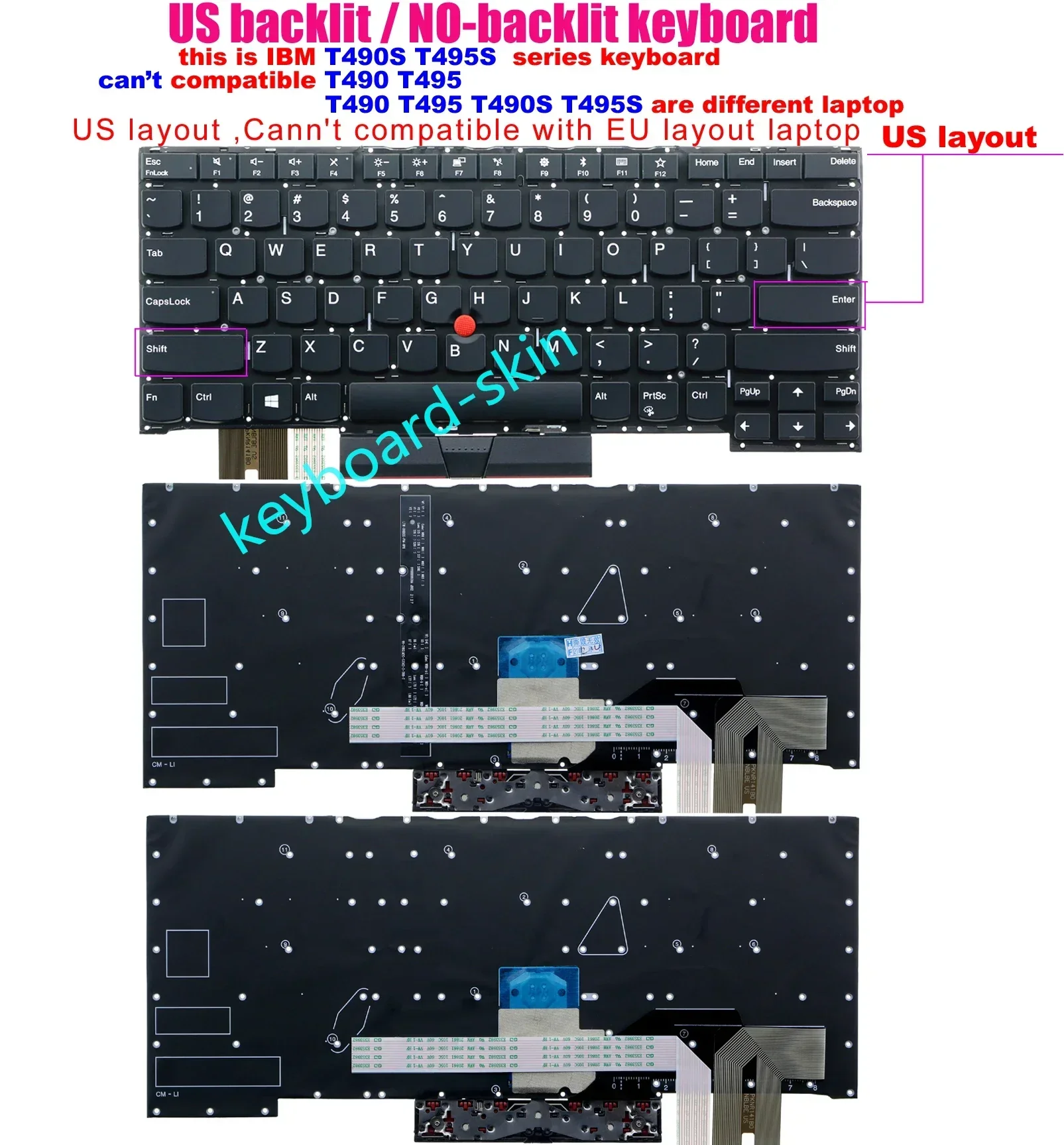 New US backlit / no-backlit keyboard no-frame for lenovo IBM Thinkpad T490s T495s  (isn't for T490 T495) series notebook laptop