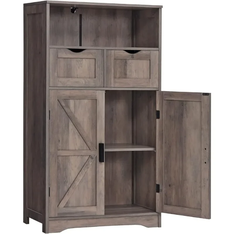 

Floor Storage Cabinet with 2 Adjustable Drawers & 2 Barn Doors, Standing Cupboard with 2 Shelf, for Living Room, Home Office